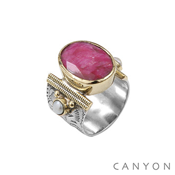 BAGUE ARGENT ET LAITON SILIMANITE TEINTEE ROUGE