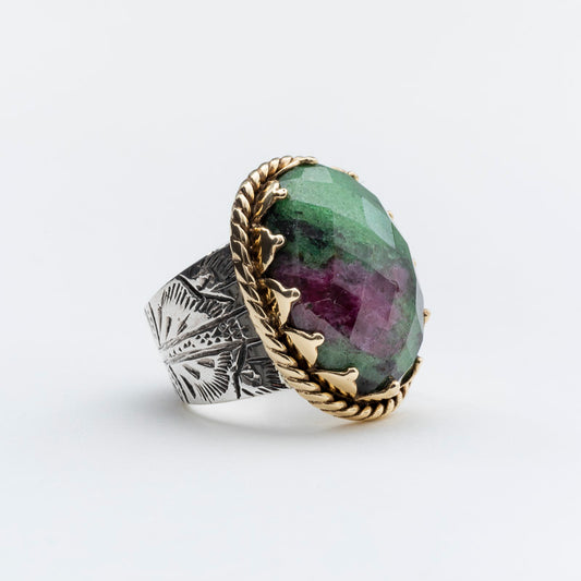 BAGUE ARGENT ET LAITON RUBIS ZOISITE